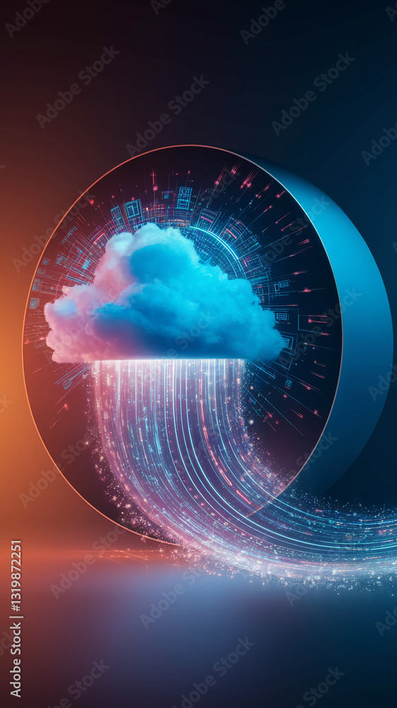 Poster stylized blue cloud in a circular frame, emitting light streaks symbolizing data flow, showcasing di