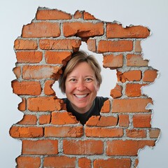 Cheerful woman peeking through a hole in a brick wall