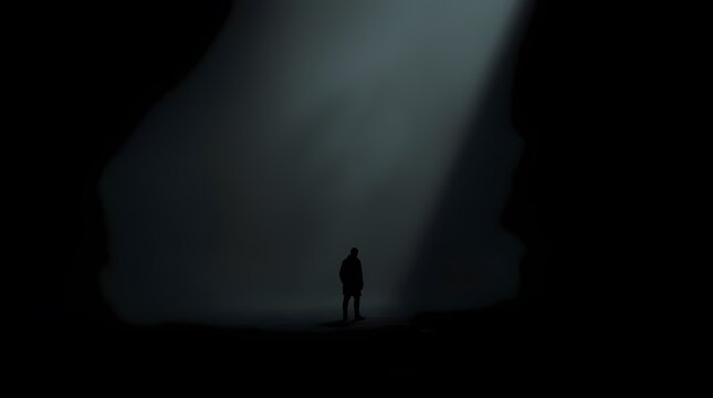 Silhouette of a Lone Figure in the Dark: A single figure stands in a dark, cavernous space, bathed in a single ray of light, creating a sense of mystery, solitude, and introspection. 