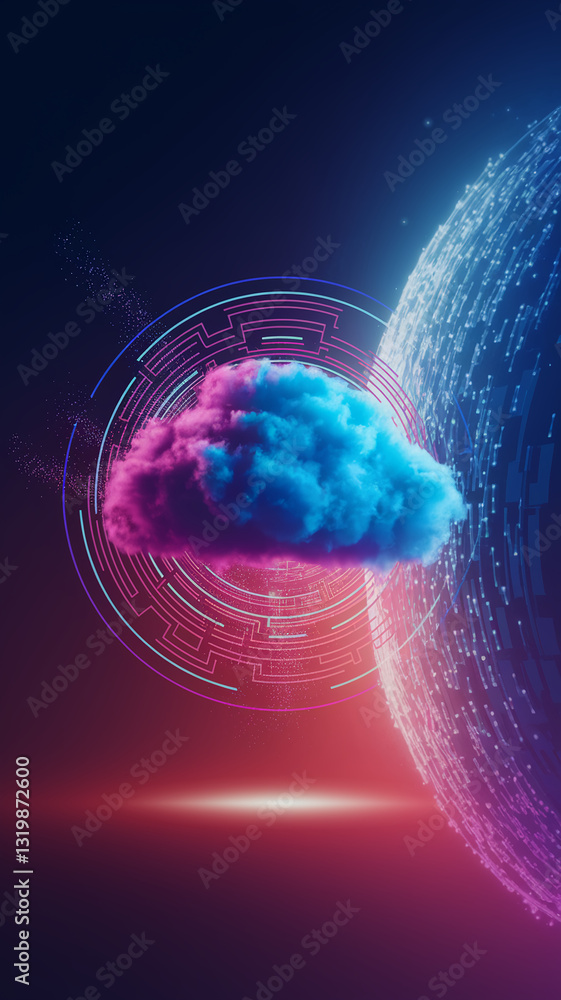 Poster abstract image depicting a blue cloud within a vibrant pink and blue circular digital design, symbol