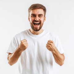 Joyful man expressing excitement with clenched fists