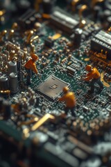 Miniature Workers on Circuit Board