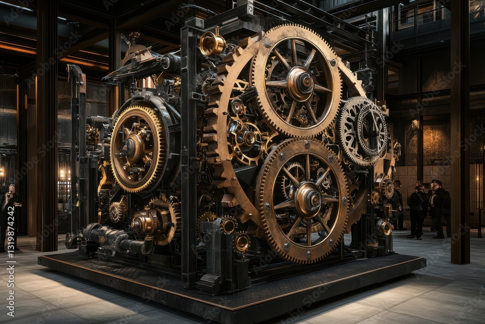 Poster intricate clockwork mechanism displayed in a modern industrial setting