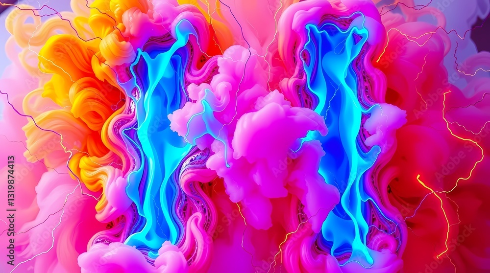 Poster colorful fusion: dynamic letter 'm' artfully rendered with swirling, vibrant clouds of color, a mesm