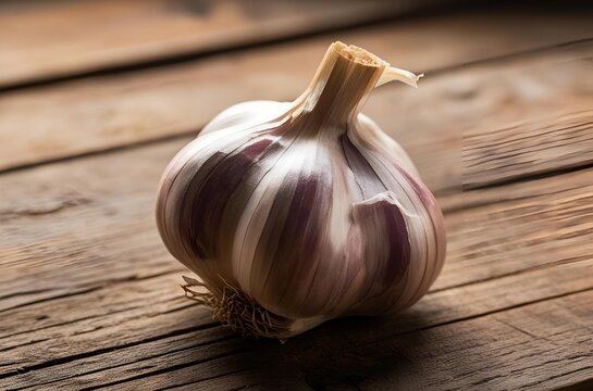A close-up of a garlic on wood table