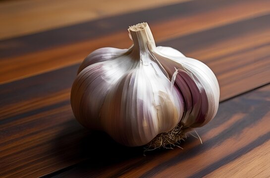 A close-up of a garlic on wood table