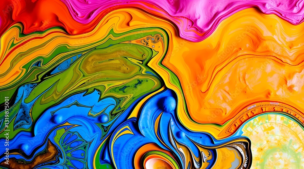 Poster chromatic cascade: a vibrant and dynamic abstract artwork showcasing a mesmerizing swirl of vivid co