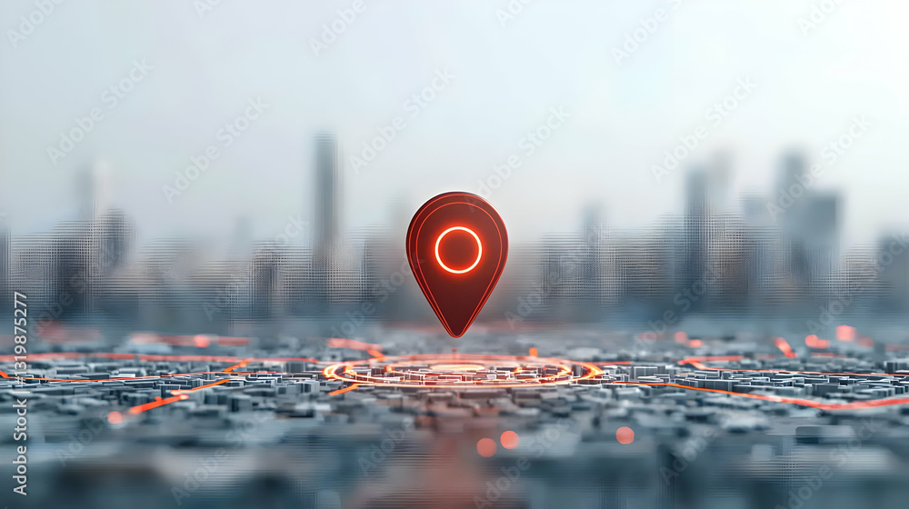 Poster 3d rendered glowing red location pin above futuristic cityscape with interconnected network lines