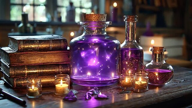 Glowing potion in a glass bottle sits on a wooden table with old books and candles.