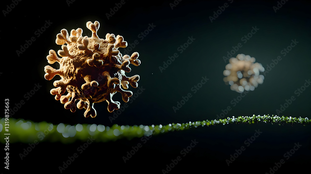 Aufkleber 3d render of a virus with spikes on a dark background with a green line of particles