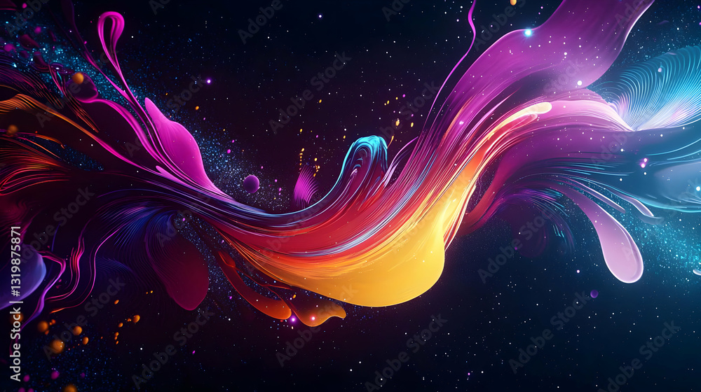 Poster a vibrant abstract wave of color and light against a dark pixelated background with cosmic sparkles