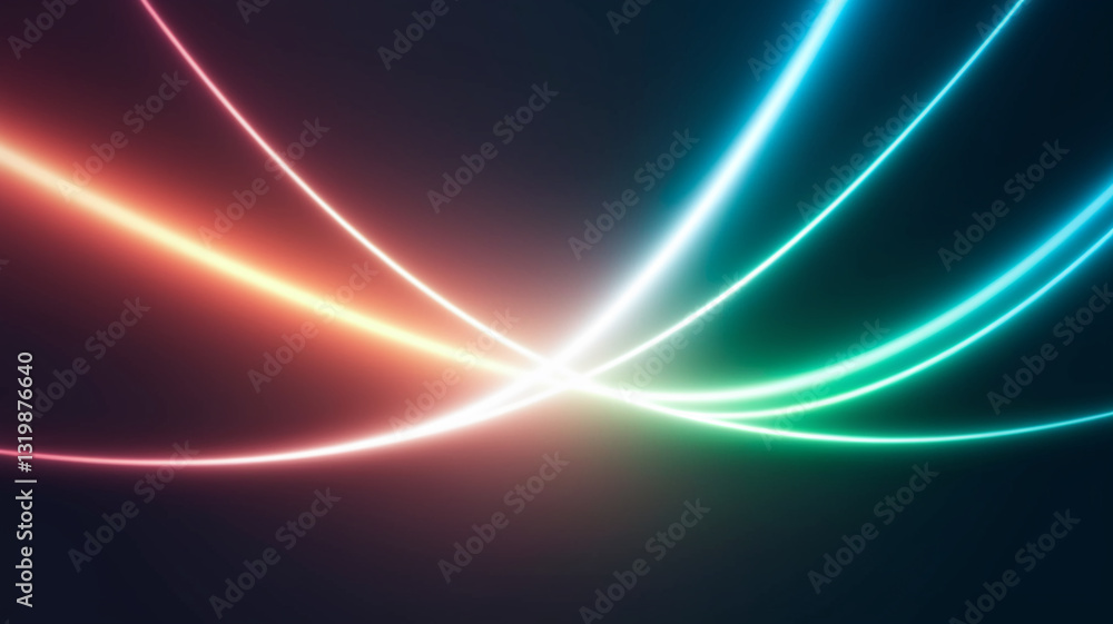 Poster abstract image of glowing teal and orange lines intersecting on dark background, creating dynamic an