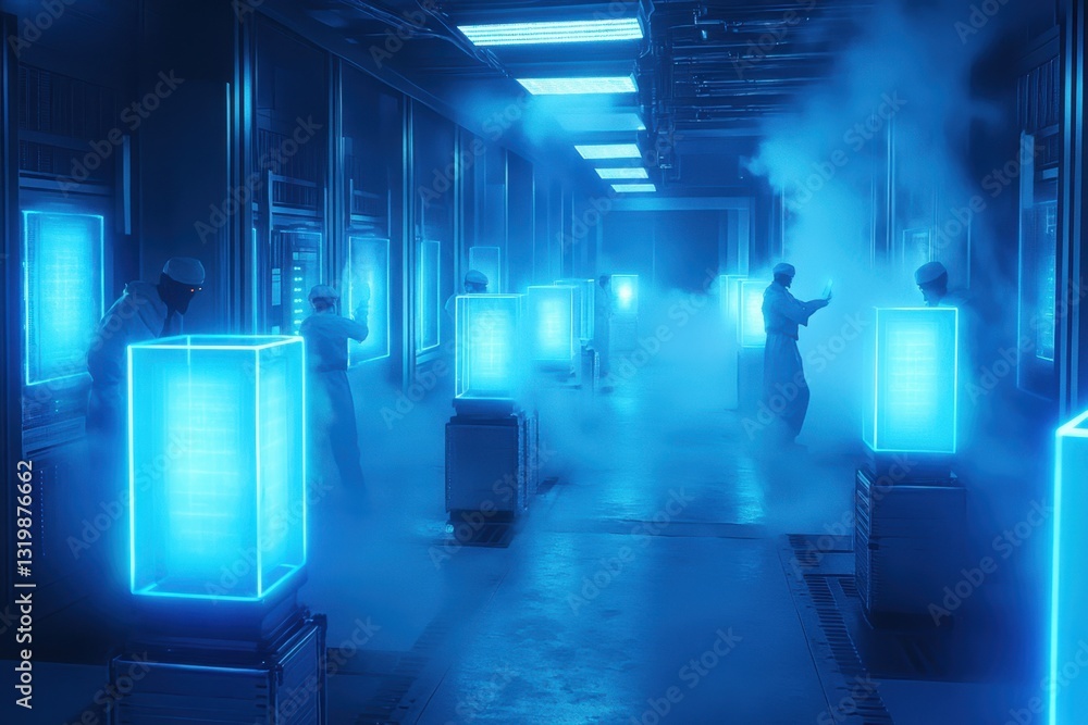 Poster high-tech laboratory with glowing blue units and technicians working in a foggy environment