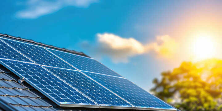 Close-up of Solar power energy panel on the roof of the cottage. Solar power panels, Photovoltaic modules, innovation green energy