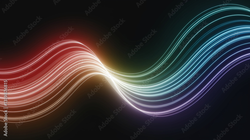 Poster abstract image of multicolored glowing lines forming elegant waves on a dark background, symbolizing