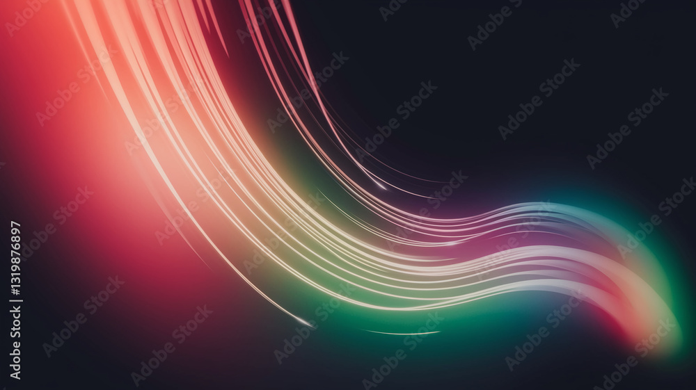 Poster abstract image with flowing, luminous lines in red, green, and purple hues creating a dynamic, curve