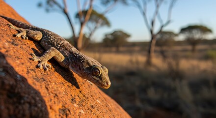 Gecko on Red Rock in African Savanna Sunset