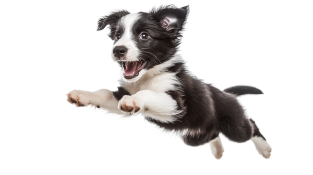 Border collie puppy jumping up in the air with its paw, cute joyful animal isolated on transparent background.