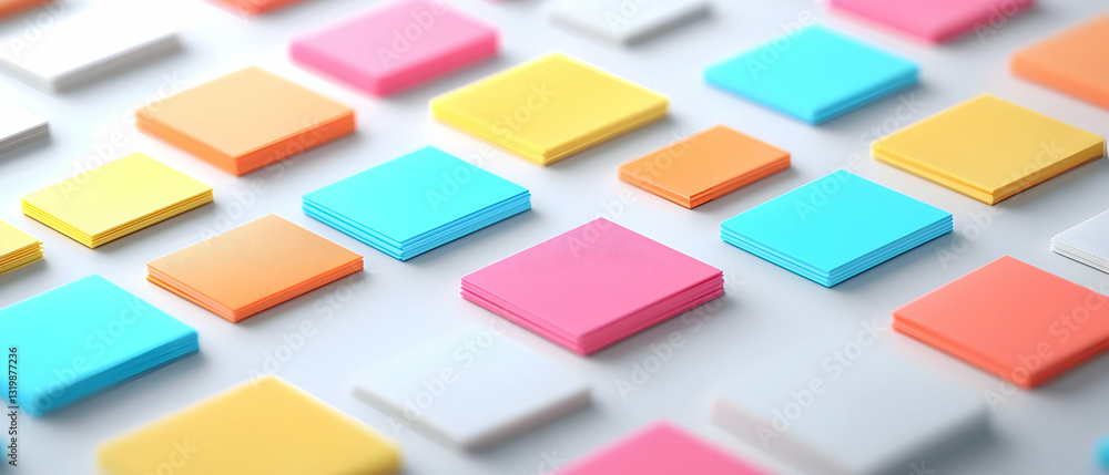 Poster 3d render of colorful pastel squares on white background with textured edges in abstract geometric p