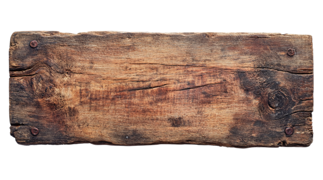 Empty brown weathered wood sign, board plank signpost, isolated on transparent background.