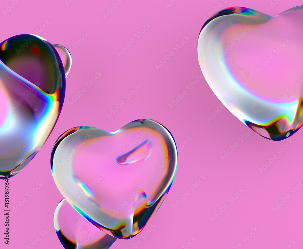 Poster 3d transparent hearts with iridescent reflections float against a bright pink background, creating a