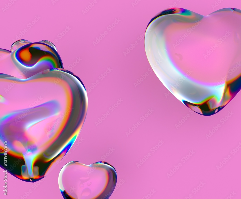 Poster 3d transparent hearts with iridescent reflections float against a bright pink background, creating a