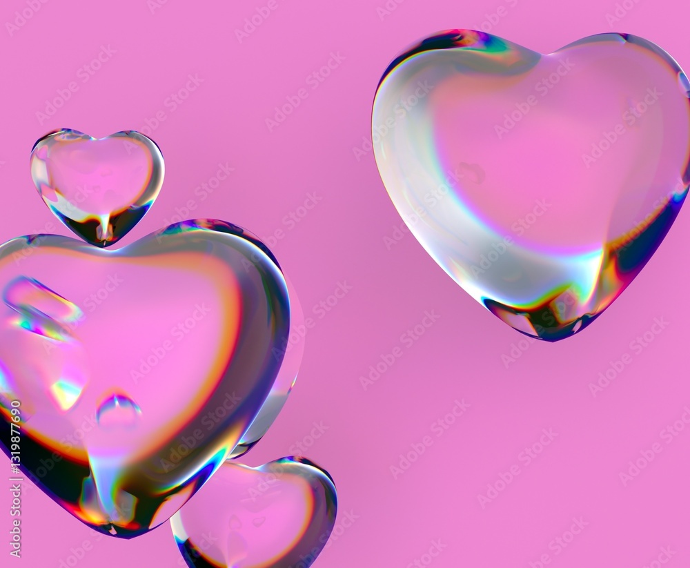 Poster 3d transparent hearts with iridescent reflections float against a bright pink background, creating a