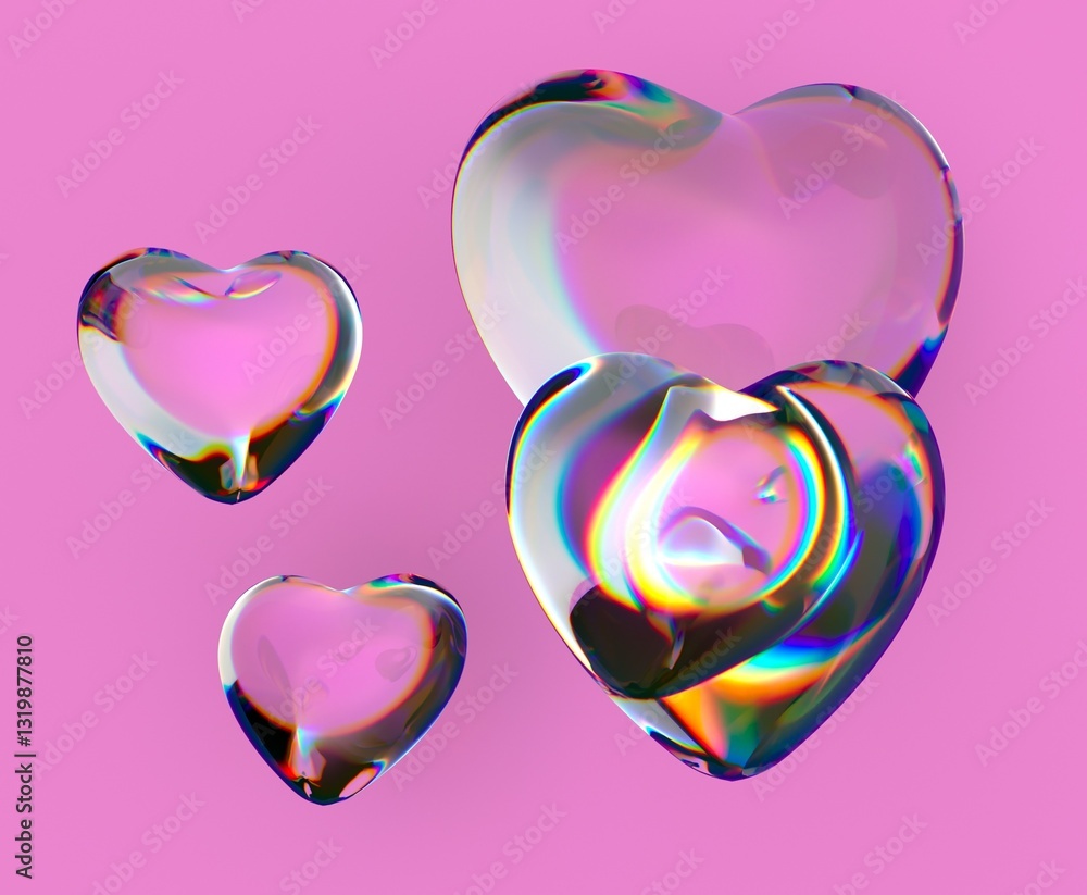 Poster 3d transparent hearts with iridescent reflections float against a bright pink background, creating a