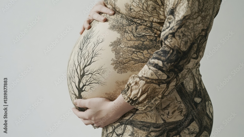 Poster artistic representation of pregnant belly adorned with a tree of life design highlighting growth and