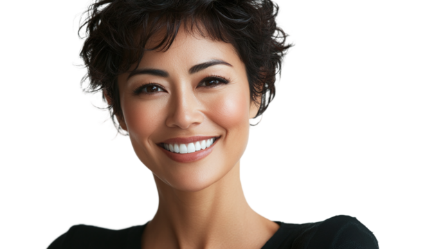 Portrait of a beautiful japanese woman smiling with short hair style, isolated on transparent background.