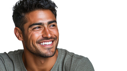 Obraz premium Portrait of a handsome latino man with a happy smile, looking to the right sideways, isolated on transparent background.