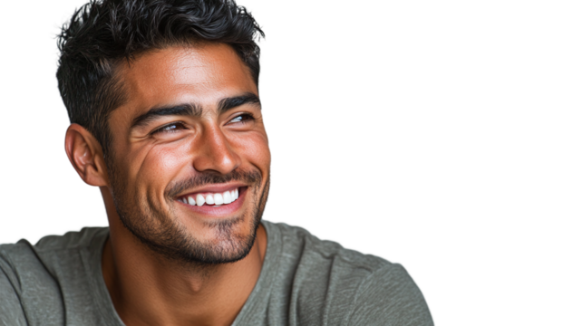 Portrait of a handsome latino man with a happy smile, looking to the right sideways, isolated on transparent background.