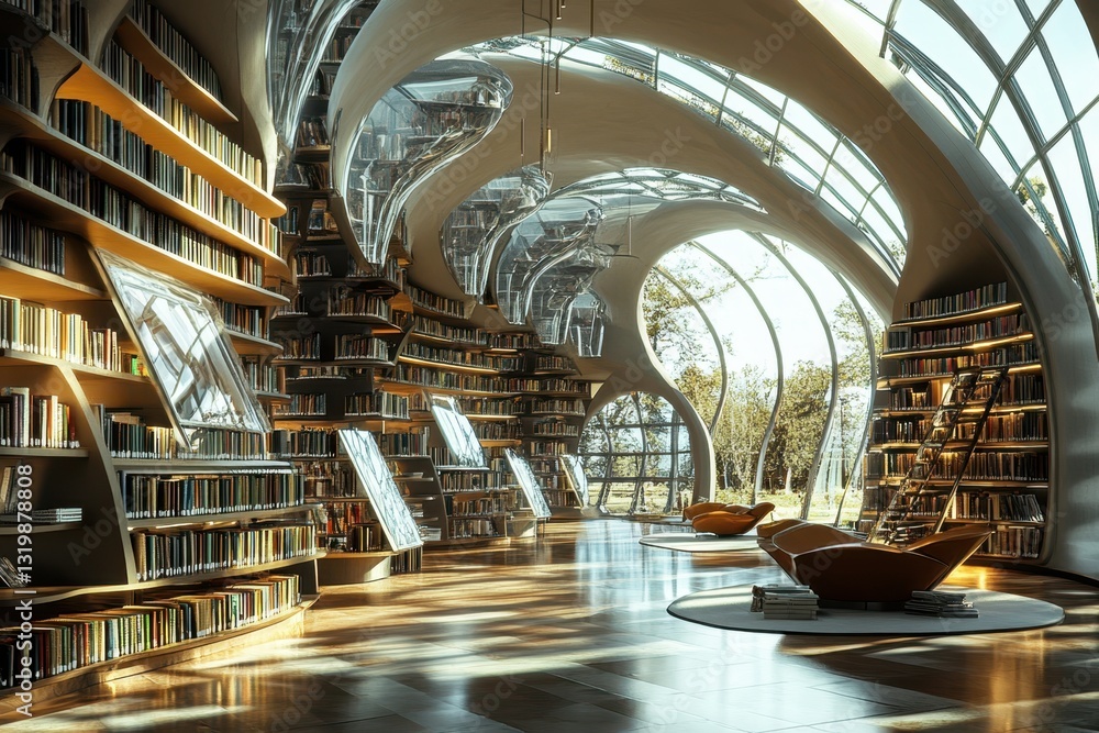 Poster modern library with unique architecture and natural light