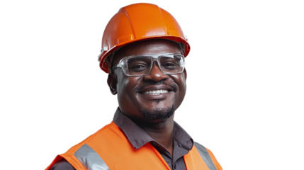 Portrait of a smiling african male construction worker with helmet, isolated on a transparent background.