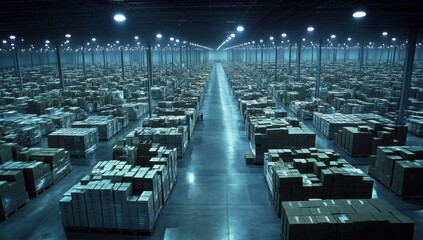 Obraz premium Vast Warehouse Interior: Rows of Pallets Filled with Cardboard Boxes Under Bright Lights