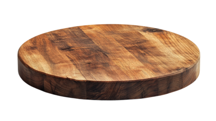 Round wooden board isolated on transparent background, cut out.