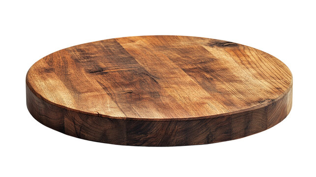 Round wooden board isolated on transparent background, cut out.