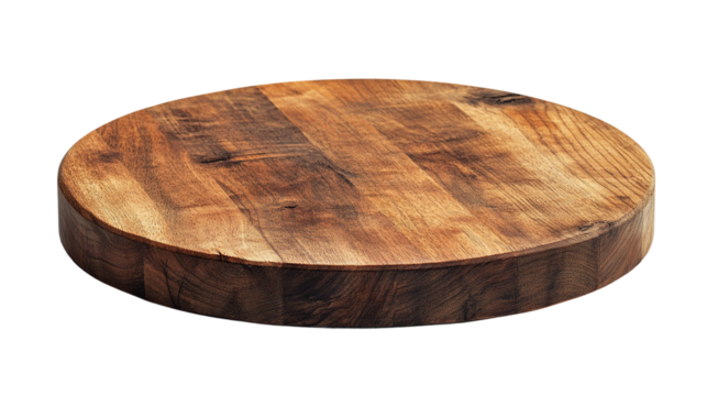 Round wooden board isolated on transparent background, cut out.