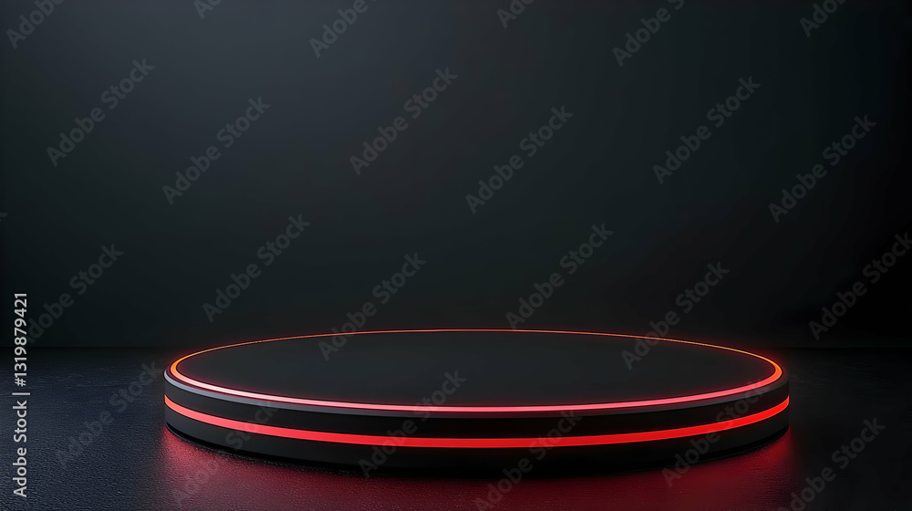 Poster empty black circular podium with red neon lights on dark background in 3d render style with wet floo