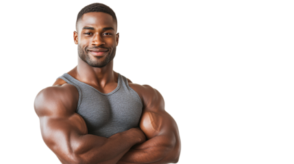 Smiling african american muscular athlete standing arms crossed, isolated on transparent background.