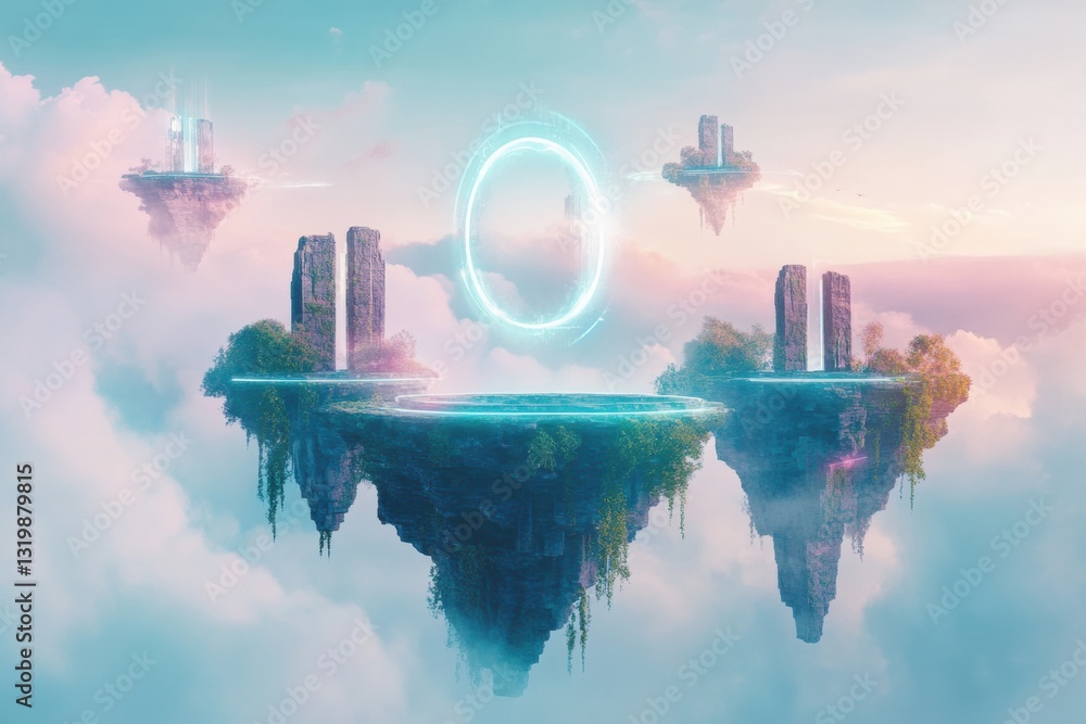 Poster Floating islands connected by glowing portals create an enchanting gateway to virtual worlds at sunset in a serene sky