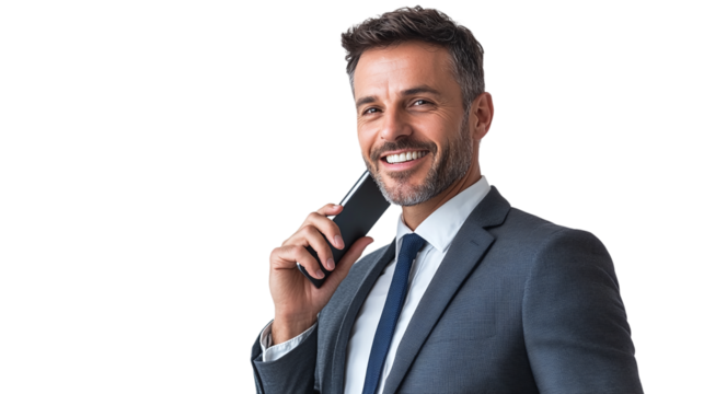 Smiling businessman talking on the phone, isolated on transparent background, cut out.