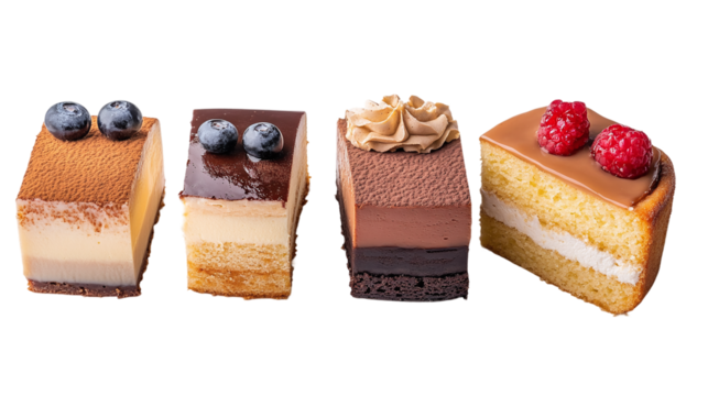 Variety of delicious slice of cake with coffee for breakfast, isolated on transparent background.