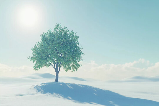 A solitary tree stands in the center of a vast, snow-covered field, embodying peaceful isolation