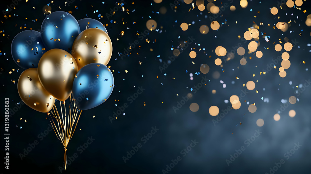 Poster blue and gold balloons with golden string and confetti against dark background with bokeh effect for