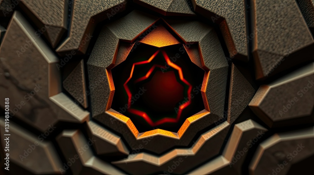 Poster an abstract design features a complex geometric pattern leading to a glowing red center surrounded b