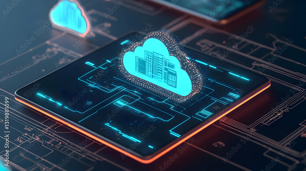 Aufkleber digital cloud icon displayed on circuit board with blue lighting for data transfer concept