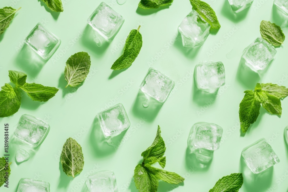 Poster Refreshing top view of ice cubes mingled with fresh mint leaves on a light green background in a studio setting