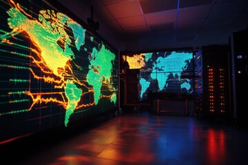 Global network data visualization in a high-tech control room at night