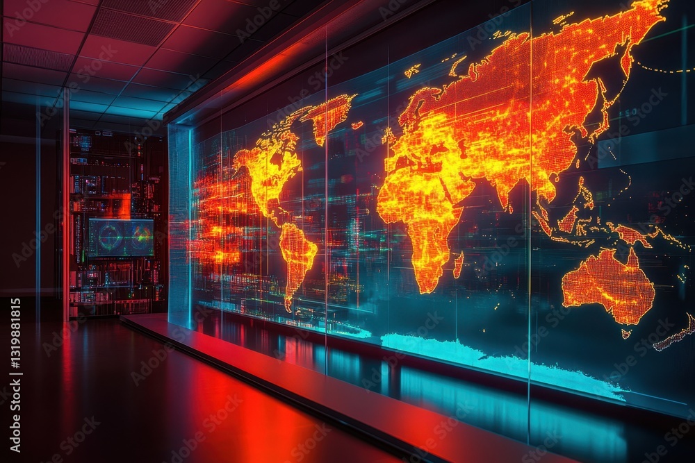 Poster illuminated global map displaying data trends in a modern tech environment
